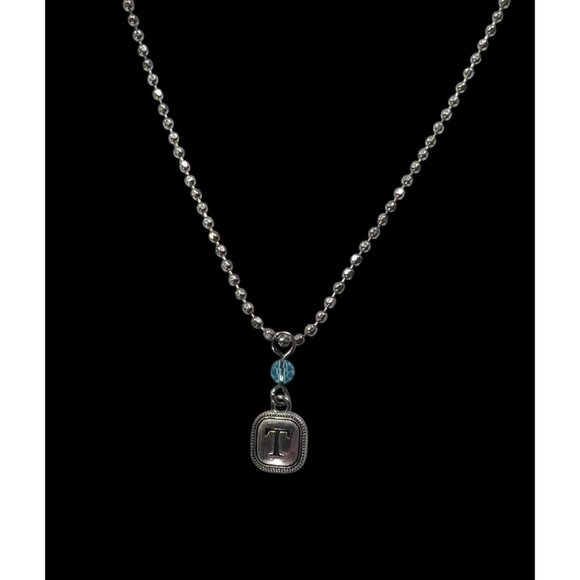 Minimalist Letter T Pendant Necklace With Blue Accent Bead - Picture 2 of 6